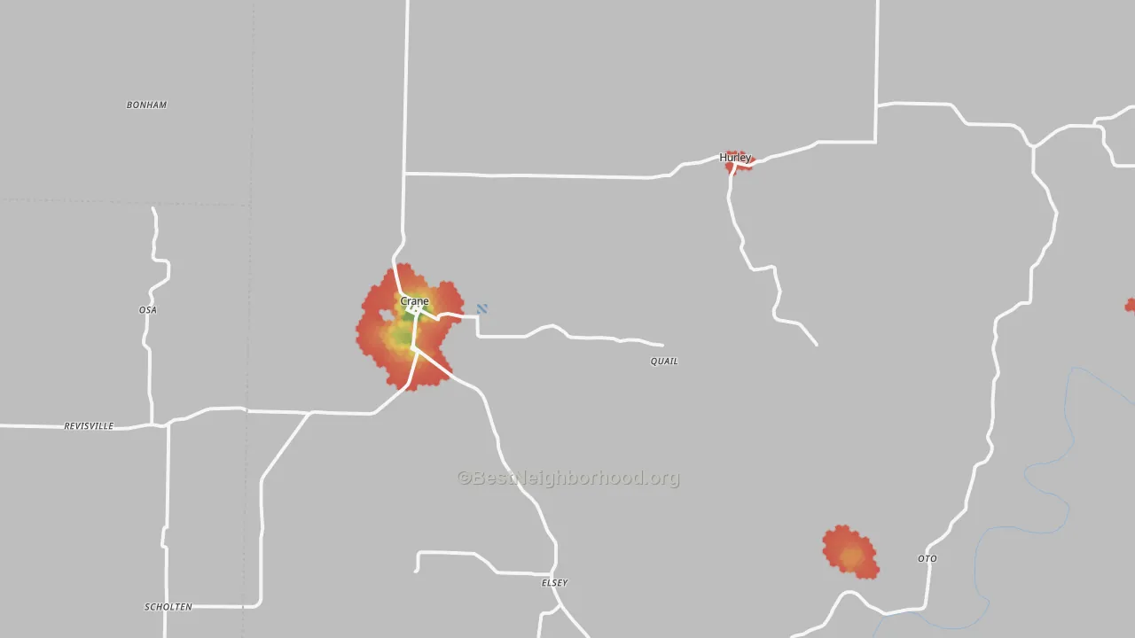 Walk Grade map of Crane, MO, walkable areas in green and car-dependent areas in red
