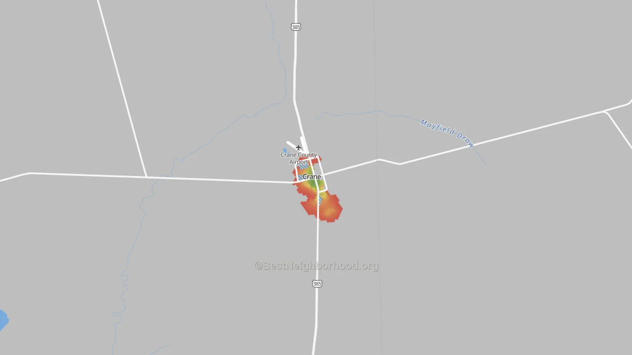Walk Grade map of Crane, TX, walkable areas in green and car-dependent areas in red