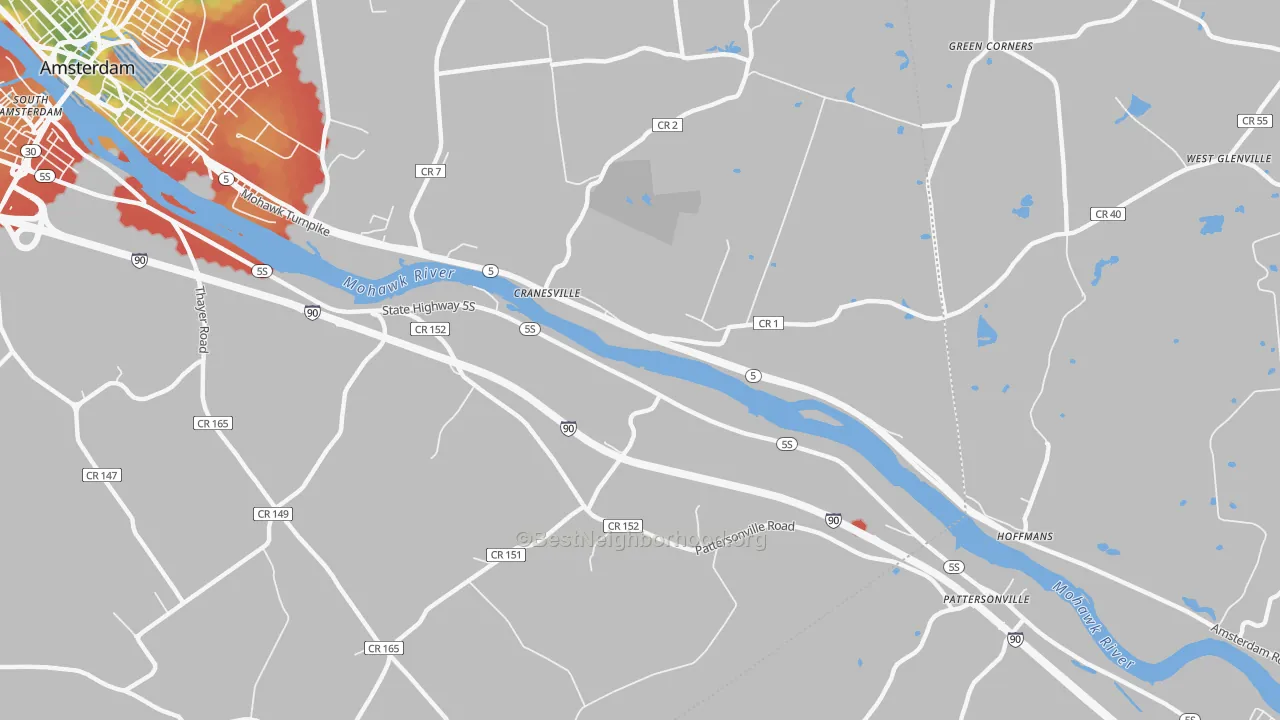 Walk Grade map of Cranesville, NY, walkable areas in green and car-dependent areas in red
