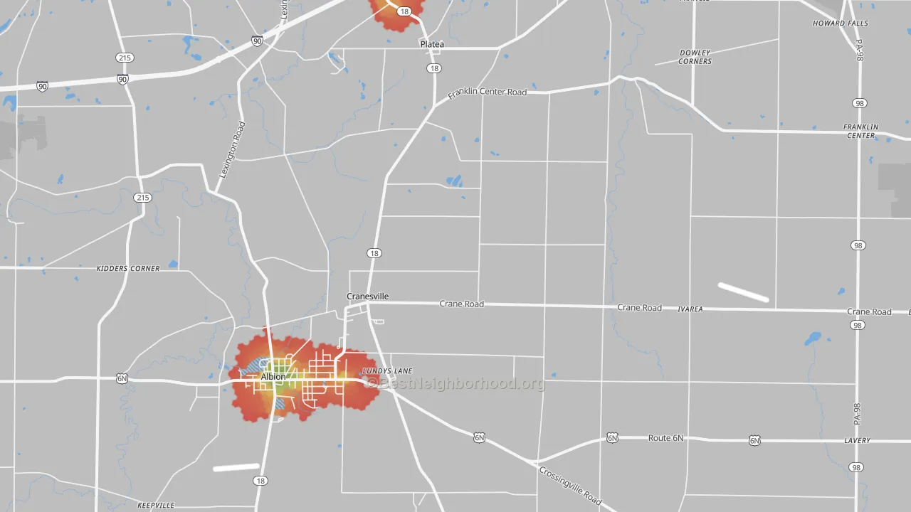 Walk Grade map of Cranesville, PA, walkable areas in green and car-dependent areas in red
