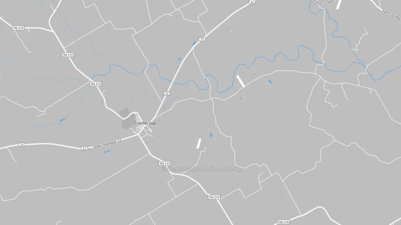 Walk Grade map of Cranfills Gap, TX, walkable areas in green and car-dependent areas in red