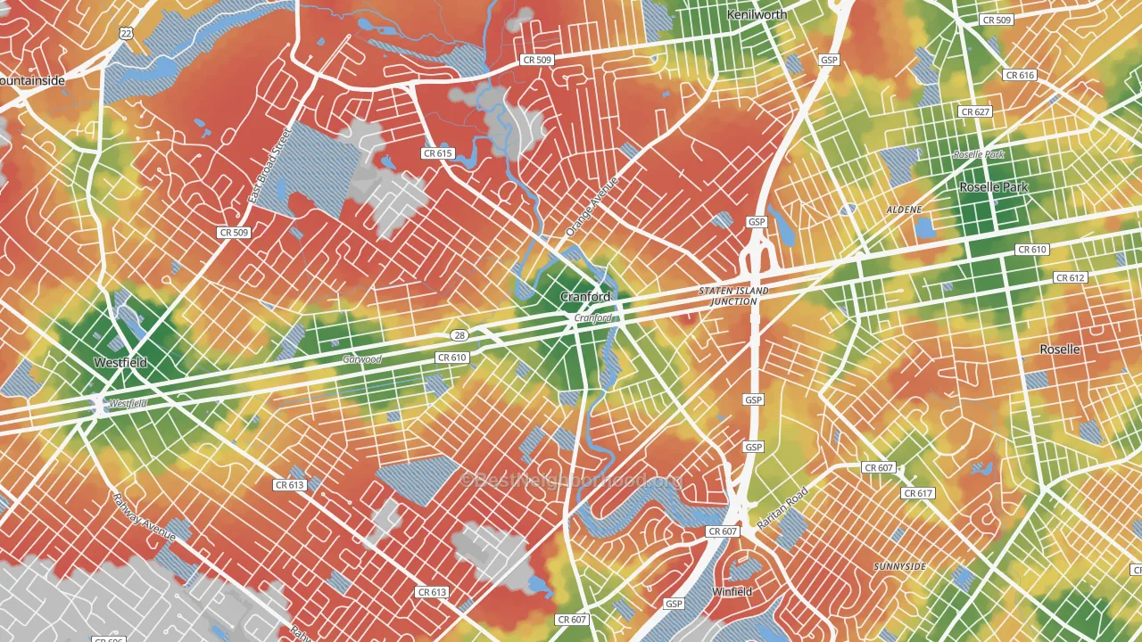 Walk Grade map of Cranford, NJ, walkable areas in green and car-dependent areas in red
