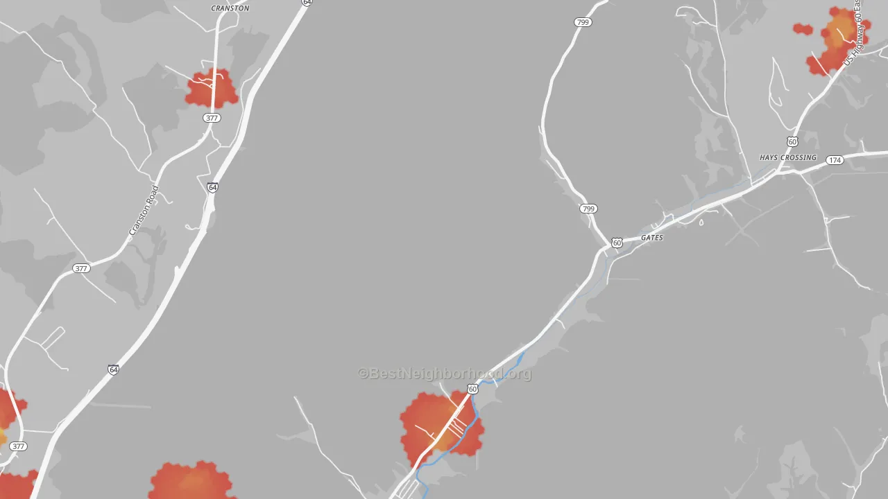 Walk Grade map of Cranston, KY, walkable areas in green and car-dependent areas in red