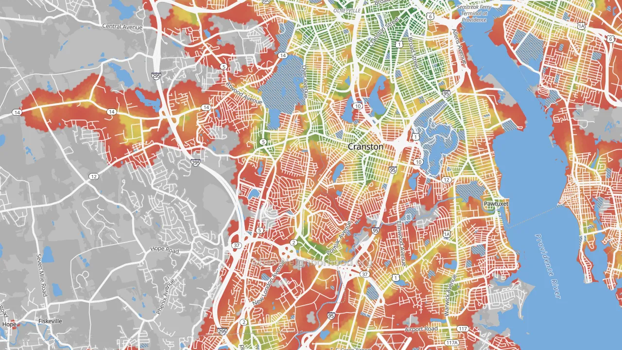 Walk Grade map of Cranston, RI, walkable areas in green and car-dependent areas in red