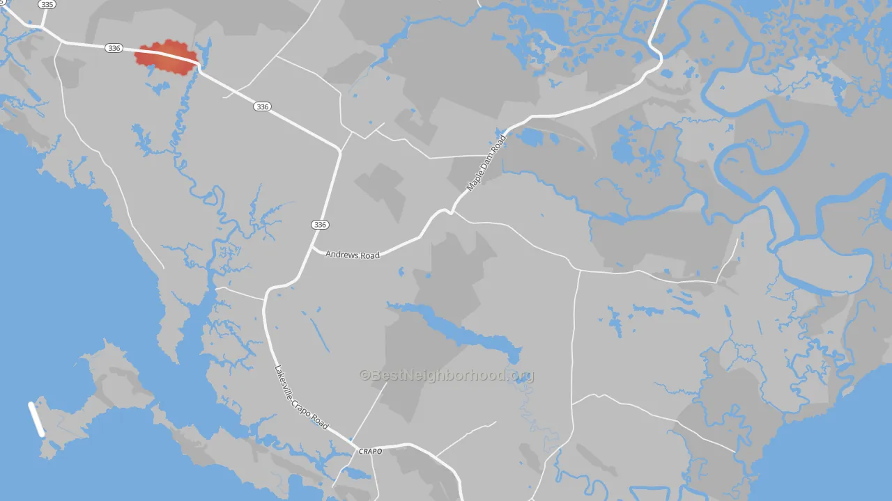 Walk Grade map of Crapo, MD, walkable areas in green and car-dependent areas in red