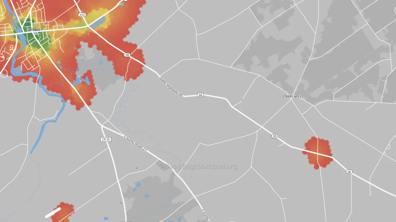 Walk Grade map of Crary Mills, NY, walkable areas in green and car-dependent areas in red