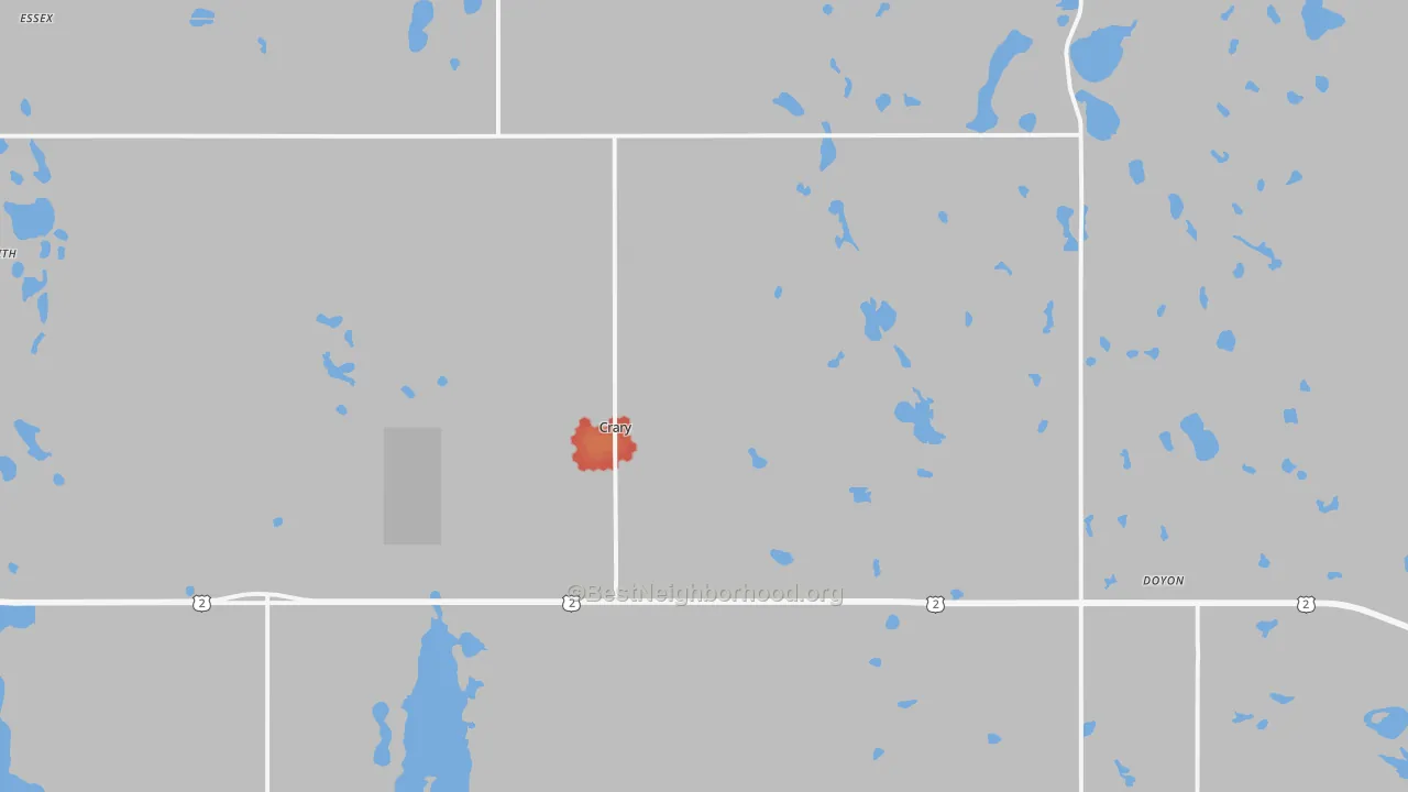 Walk Grade map of Crary, ND, walkable areas in green and car-dependent areas in red