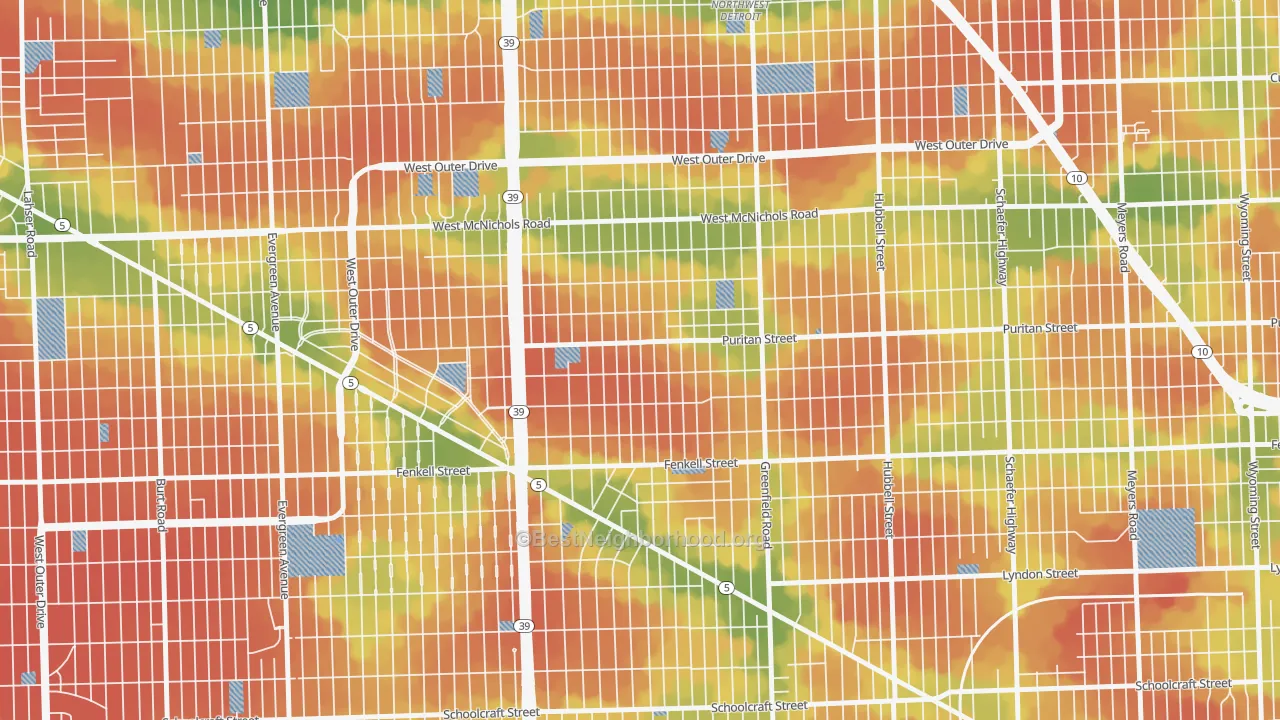 Walk Grade map of Crary-St Marys, Detroit, MI, walkable areas in green and car-dependent areas in red