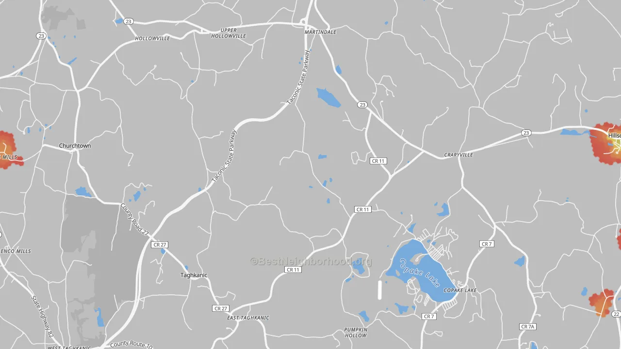 Walk Grade map of Craryville, NY, walkable areas in green and car-dependent areas in red
