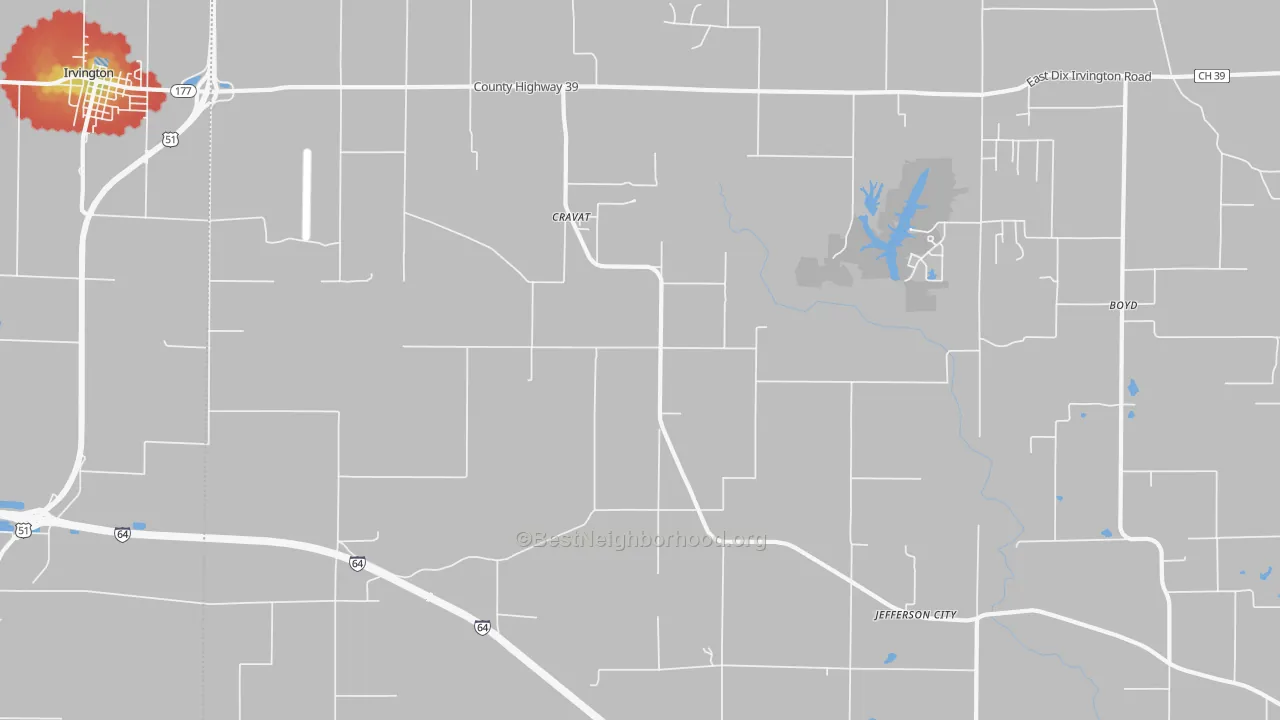 Walk Grade map of Cravat, IL, walkable areas in green and car-dependent areas in red