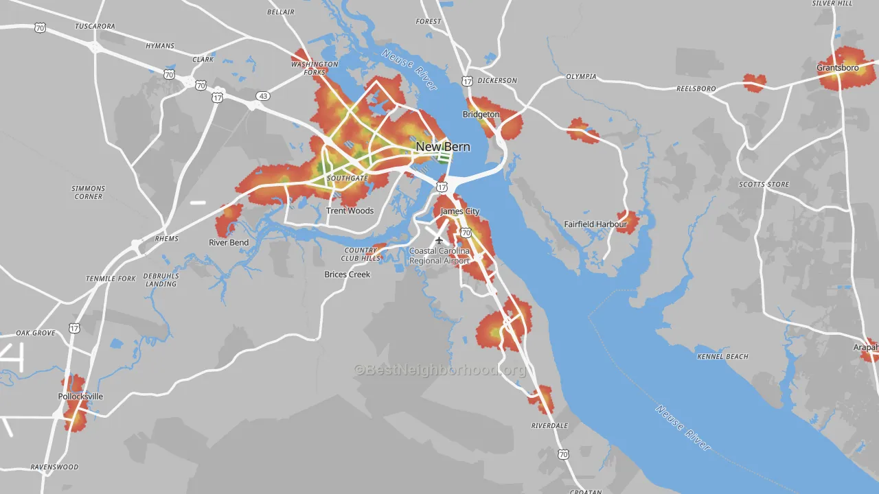 Walk Grade map of Craven County, NC, walkable areas in green and car-dependent areas in red