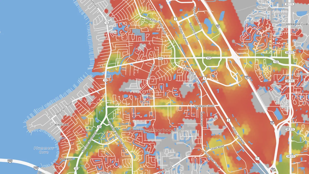 Walk Grade map of Craven, Jacksonville, FL, walkable areas in green and car-dependent areas in red