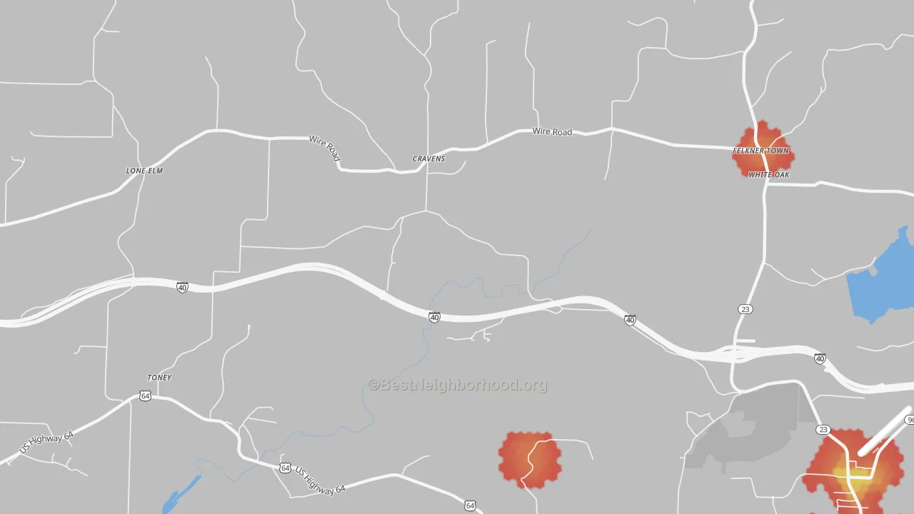 Walk Grade map of Cravens, AR, walkable areas in green and car-dependent areas in red