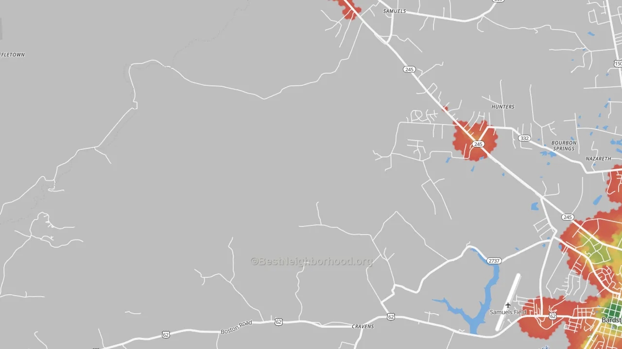 Walk Grade map of Cravens, KY, walkable areas in green and car-dependent areas in red