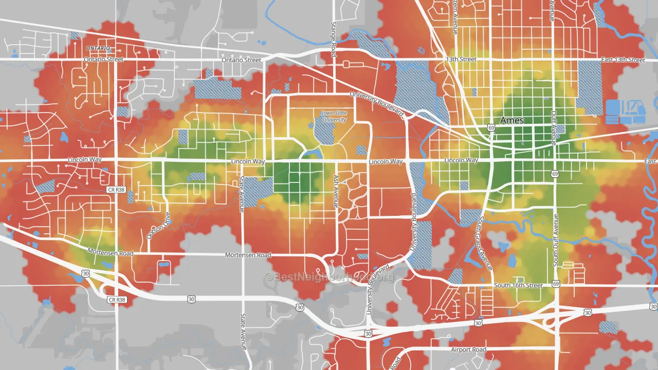 Walk Grade map of Crawford, Ames, IA, walkable areas in green and car-dependent areas in red