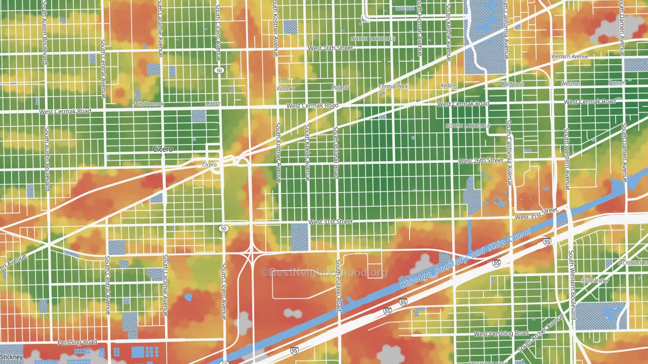 Walk Grade map of Crawford, Chicago, IL, walkable areas in green and car-dependent areas in red
