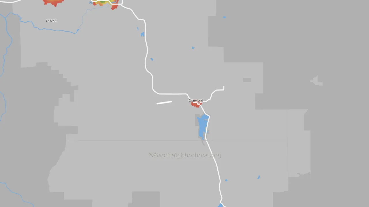 Walk Grade map of Crawford, CO, walkable areas in green and car-dependent areas in red