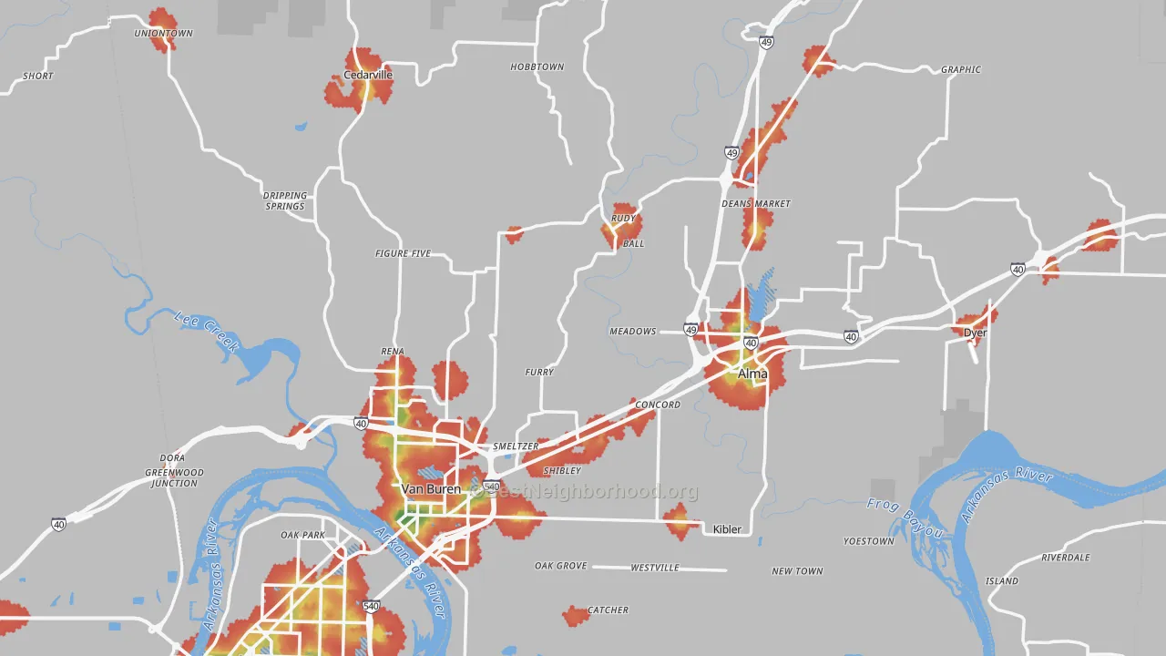 Walk Grade map of Crawford County, AR, walkable areas in green and car-dependent areas in red