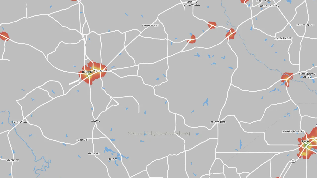 Walk Grade map of Crawford County, GA, walkable areas in green and car-dependent areas in red