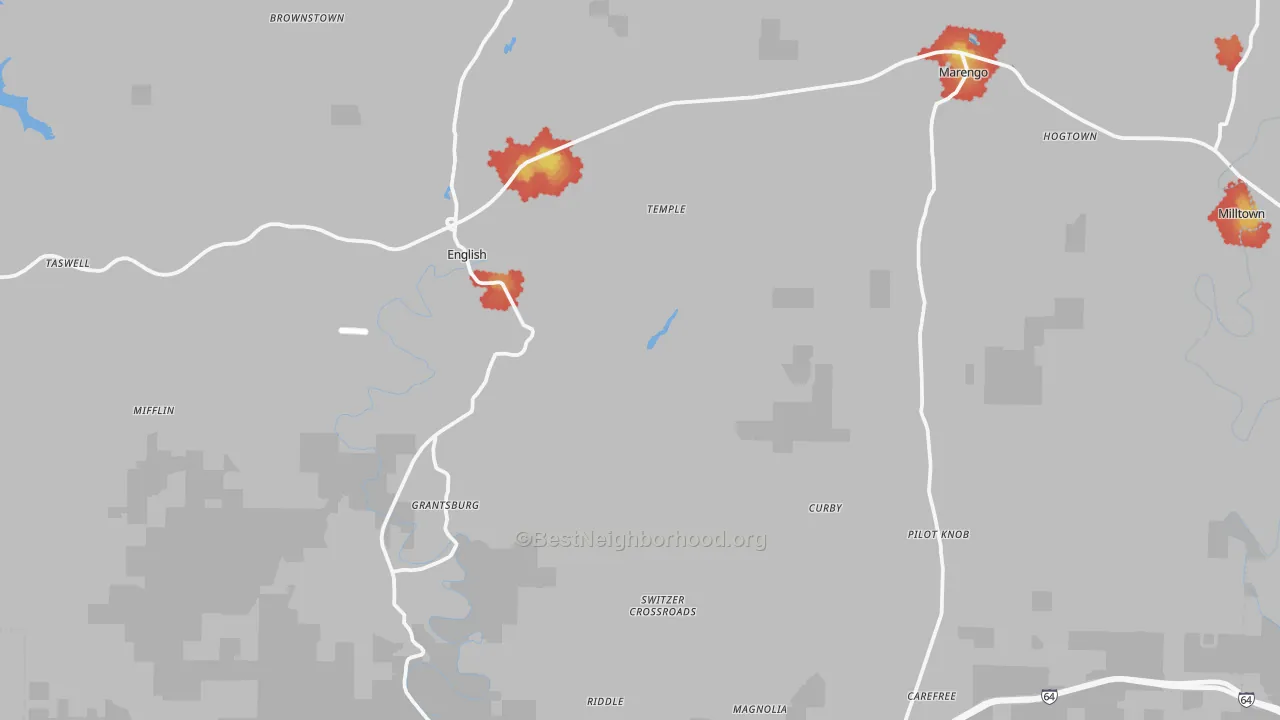 Walk Grade map of Crawford County, IN, walkable areas in green and car-dependent areas in red