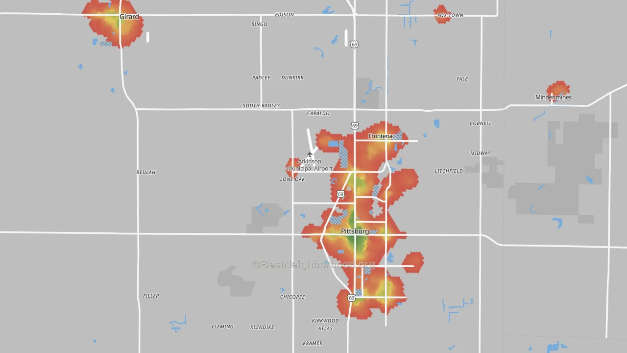Walk Grade map of Crawford County, KS, walkable areas in green and car-dependent areas in red