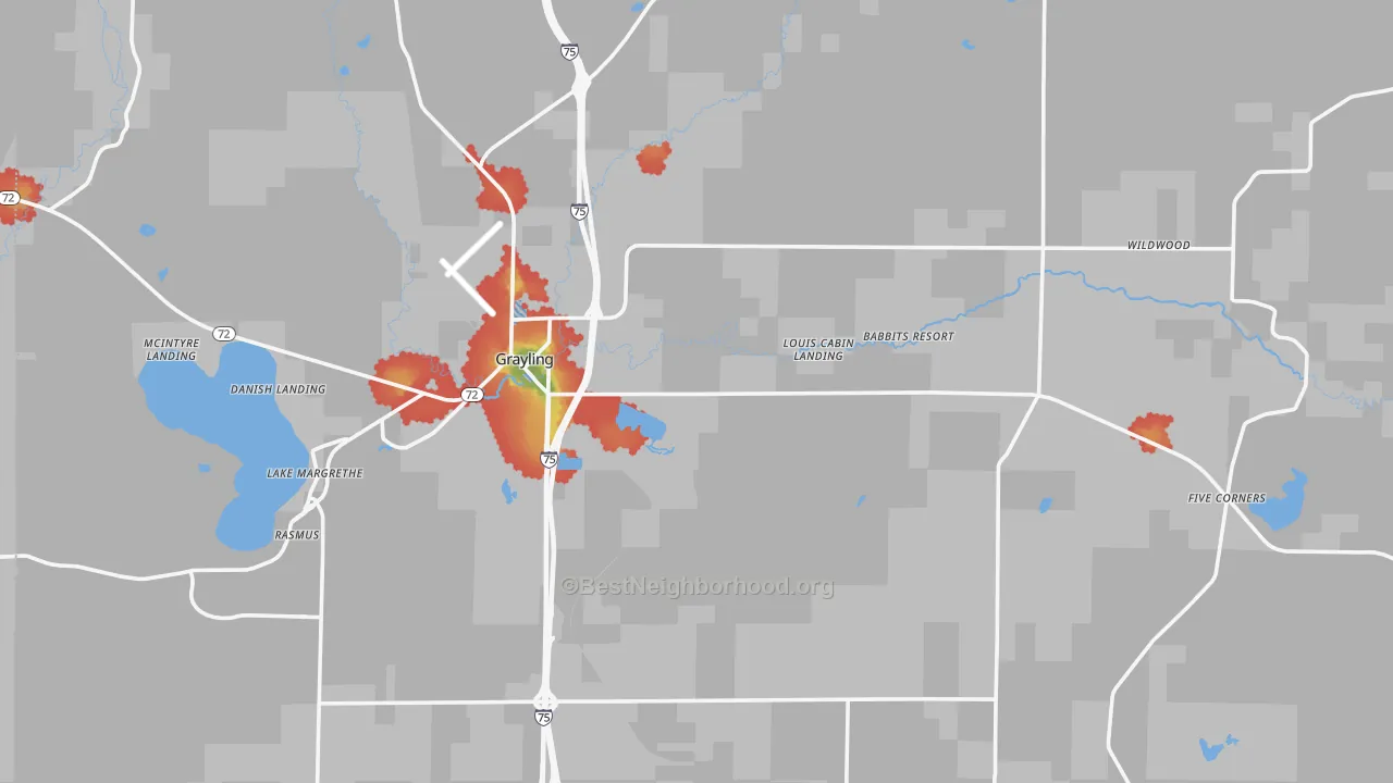 Walk Grade map of Crawford County, MI, walkable areas in green and car-dependent areas in red