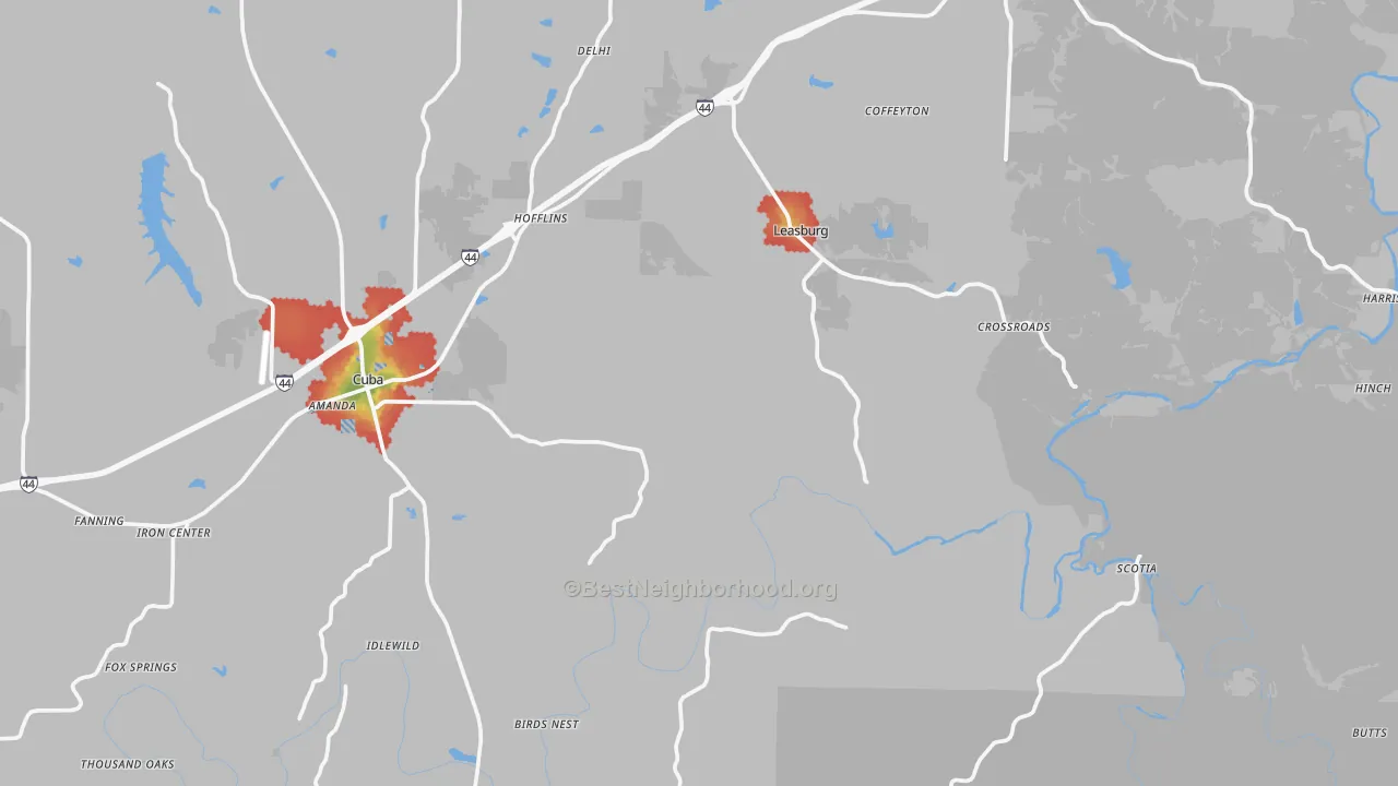 Walk Grade map of Crawford County, MO, walkable areas in green and car-dependent areas in red