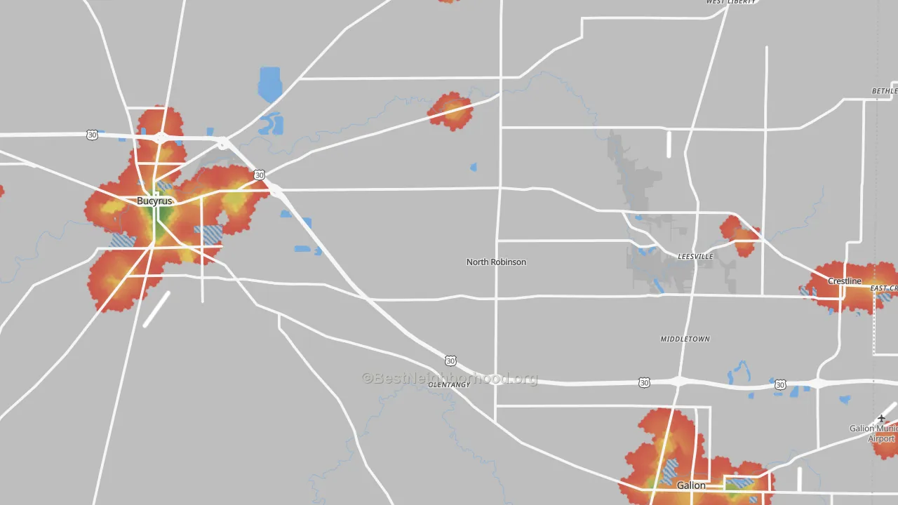 Walk Grade map of Crawford County, OH, walkable areas in green and car-dependent areas in red