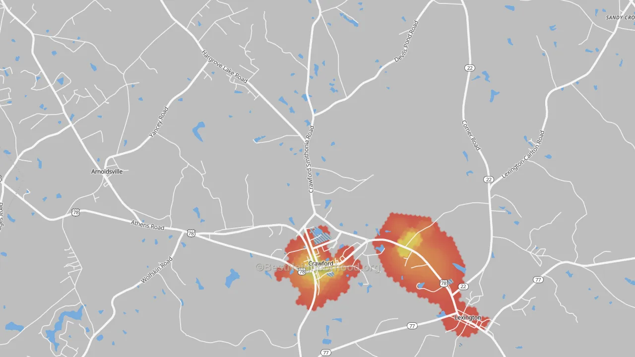 Walk Grade map of Crawford, GA, walkable areas in green and car-dependent areas in red