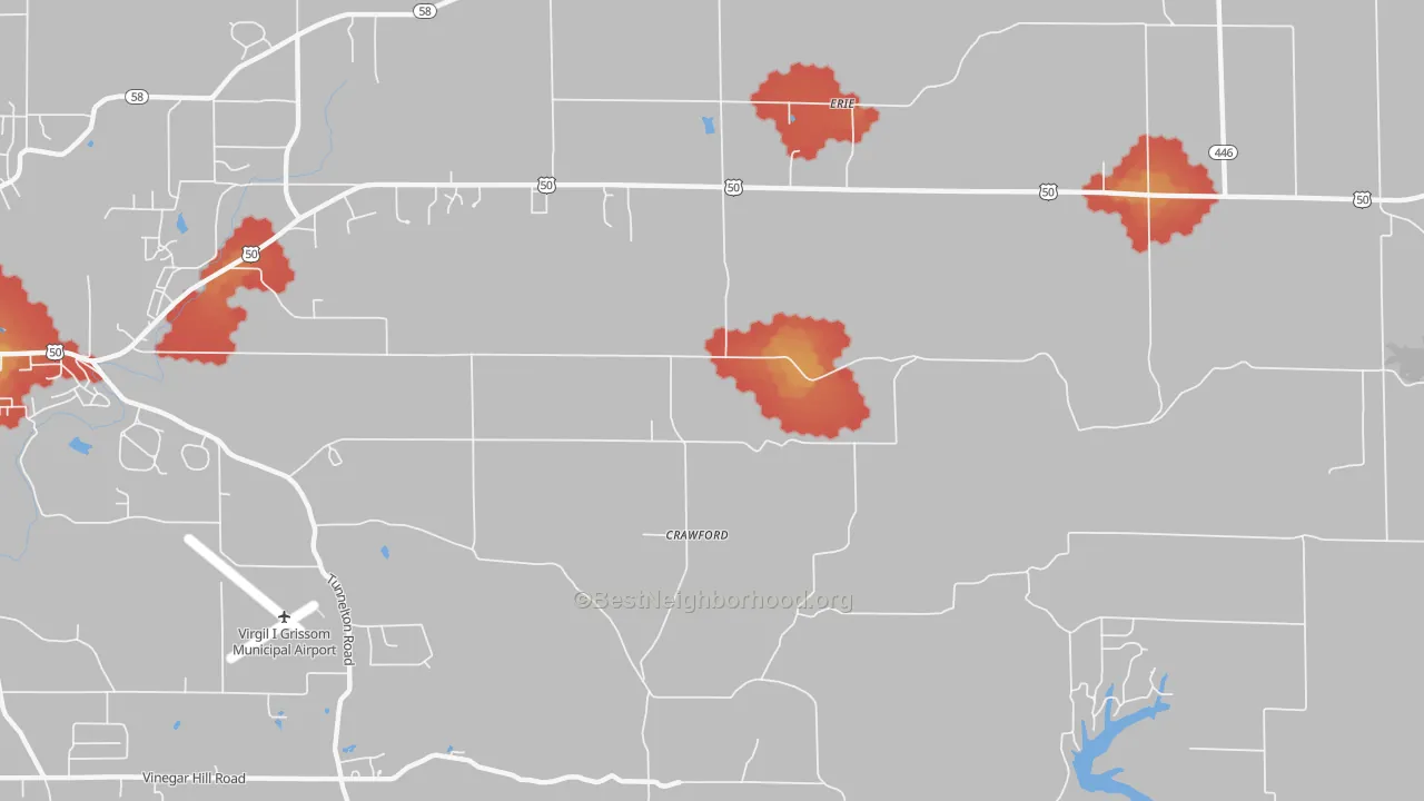 Walk Grade map of Crawford, IN, walkable areas in green and car-dependent areas in red