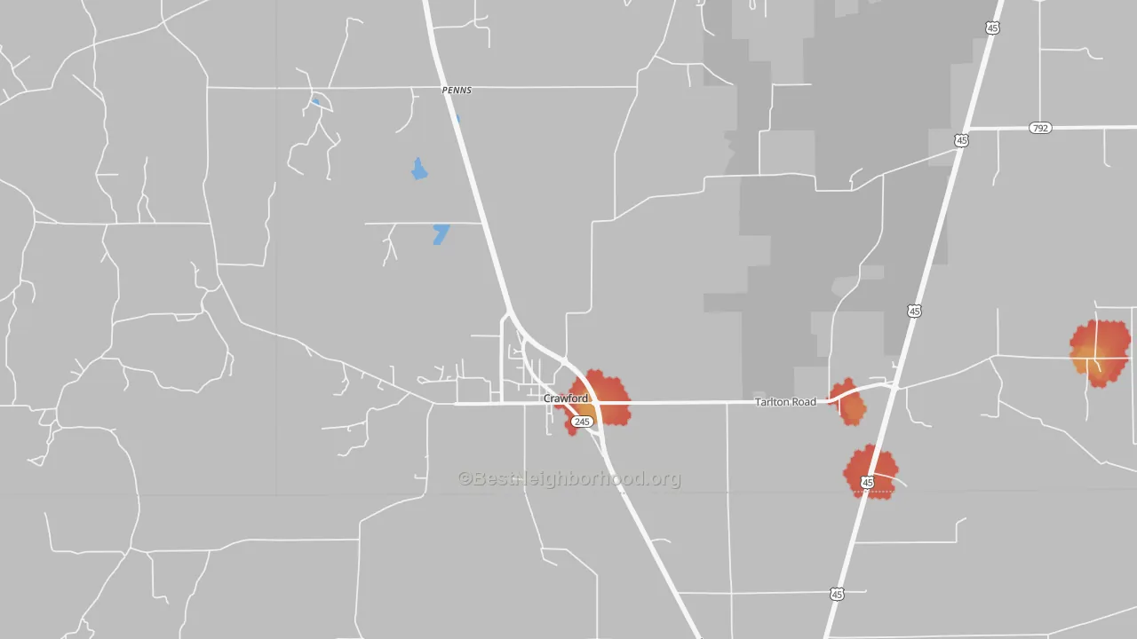 Walk Grade map of Crawford, MS, walkable areas in green and car-dependent areas in red
