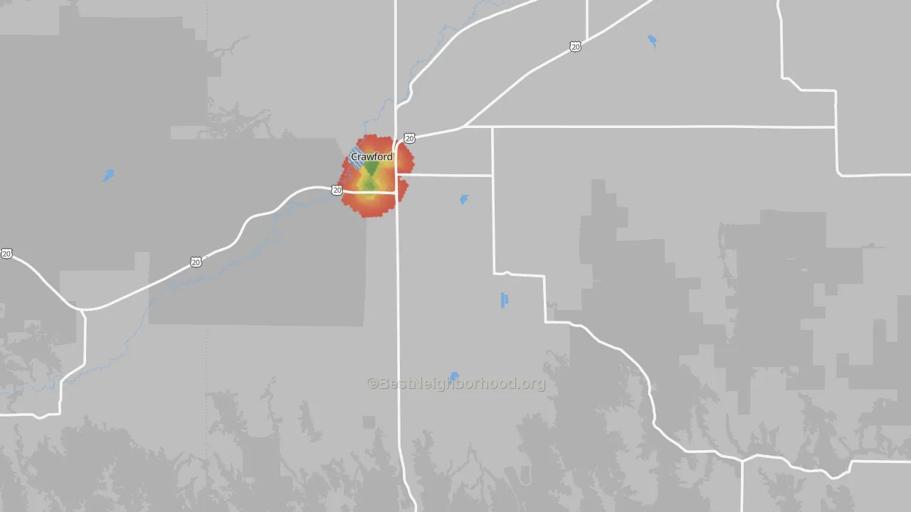 Walk Grade map of Crawford, NE, walkable areas in green and car-dependent areas in red