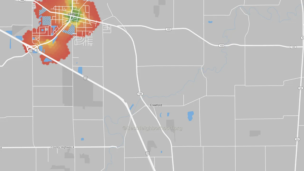 Walk Grade map of Crawford, OH, walkable areas in green and car-dependent areas in red