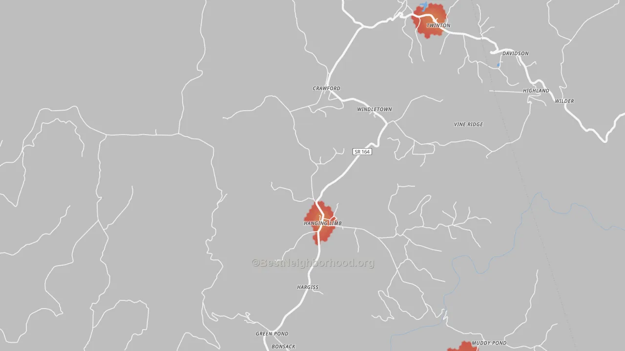 Walk Grade map of Crawford, TN, walkable areas in green and car-dependent areas in red