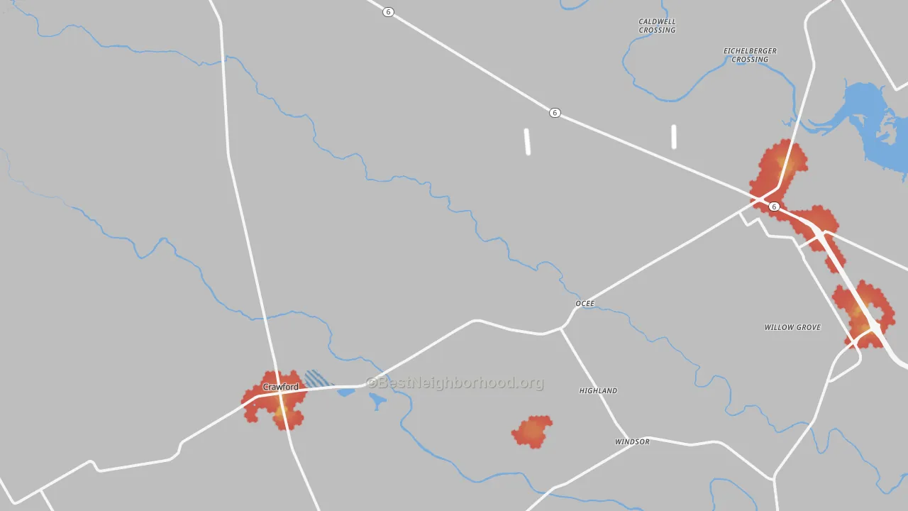 Walk Grade map of Crawford, TX, walkable areas in green and car-dependent areas in red