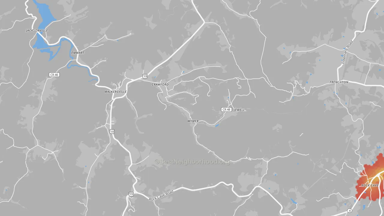 Walk Grade map of Crawford, WV, walkable areas in green and car-dependent areas in red