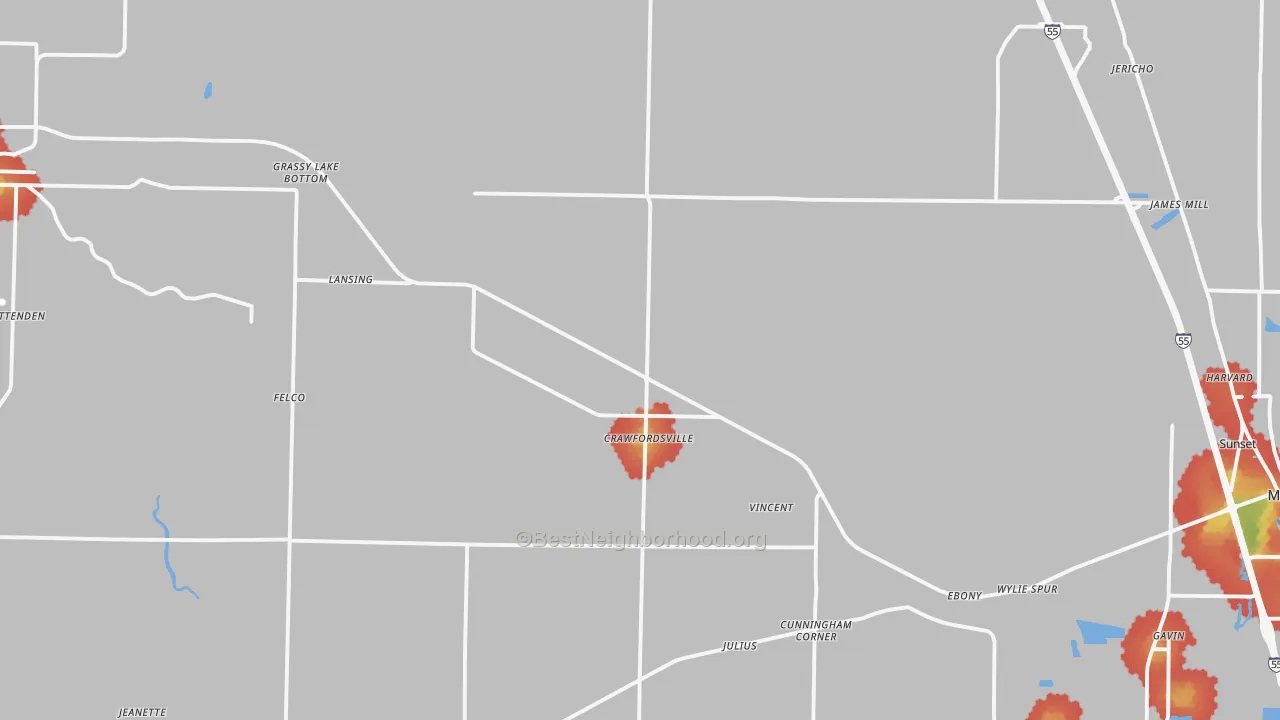 Walk Grade map of Crawfordsville, AR, walkable areas in green and car-dependent areas in red