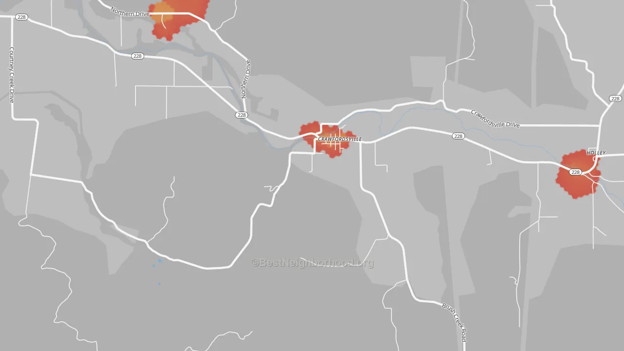 Walk Grade map of Crawfordsville, OR, walkable areas in green and car-dependent areas in red