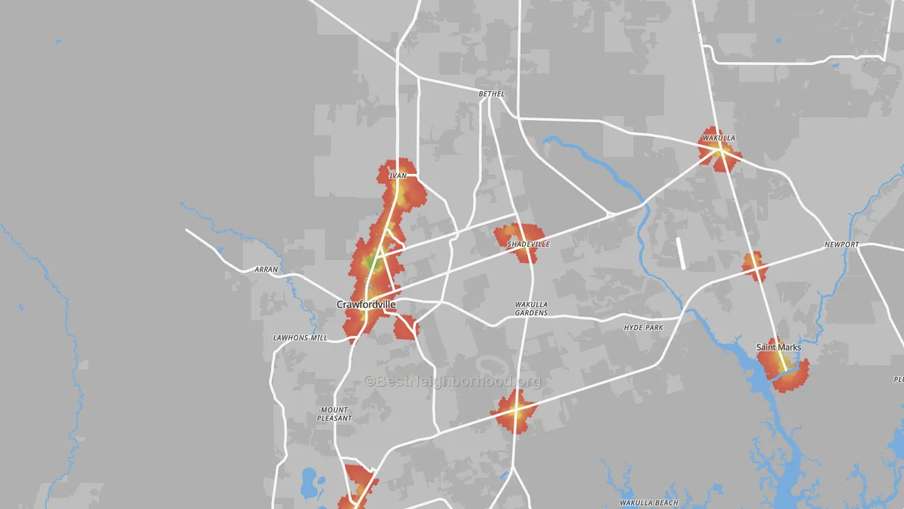 Walk Grade map of Crawfordville, FL, walkable areas in green and car-dependent areas in red