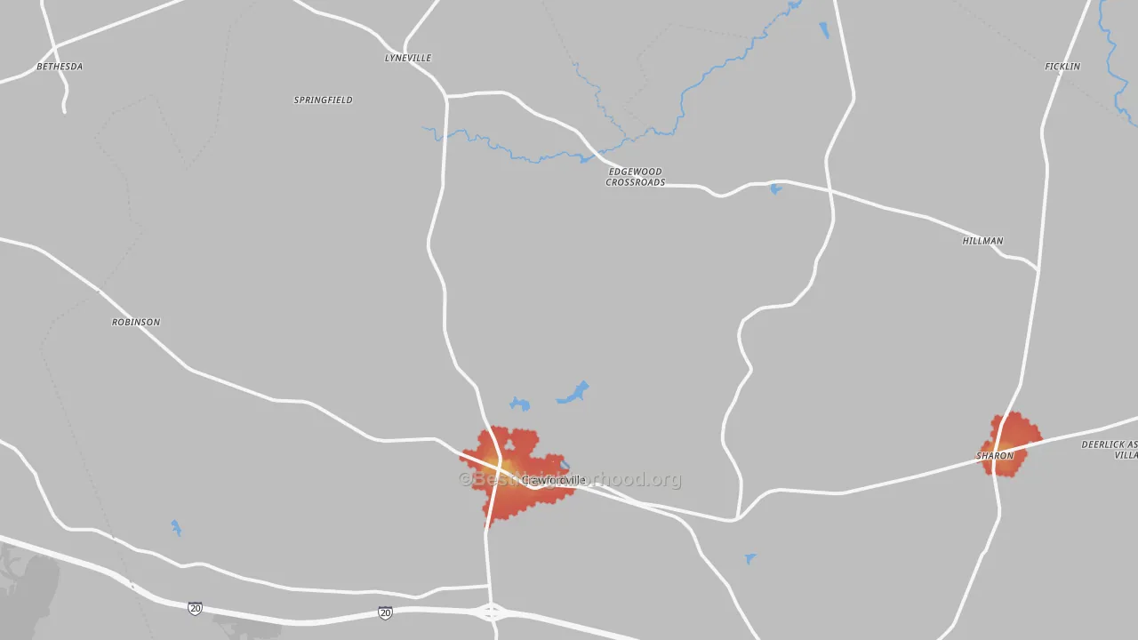 Walk Grade map of Crawfordville, GA, walkable areas in green and car-dependent areas in red
