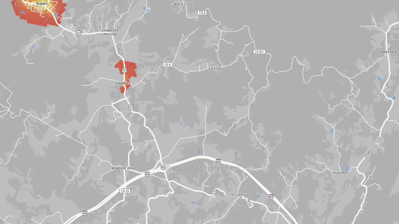 Walk Grade map of Crawley, WV, walkable areas in green and car-dependent areas in red