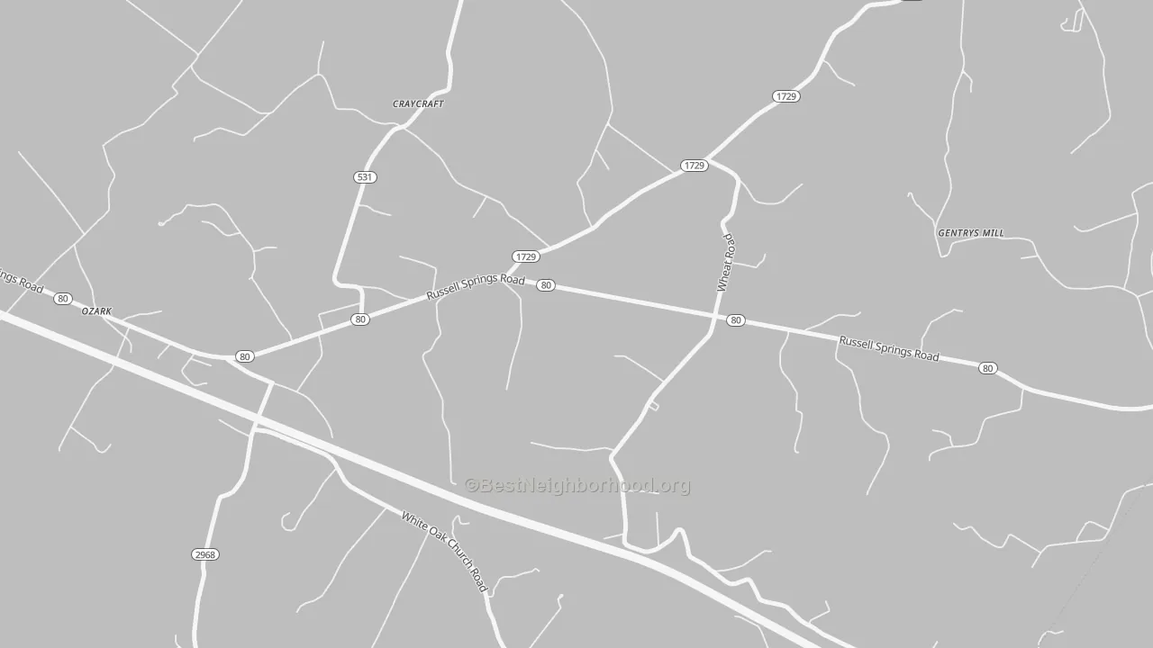 Walk Grade map of Craycraft, KY, walkable areas in green and car-dependent areas in red
