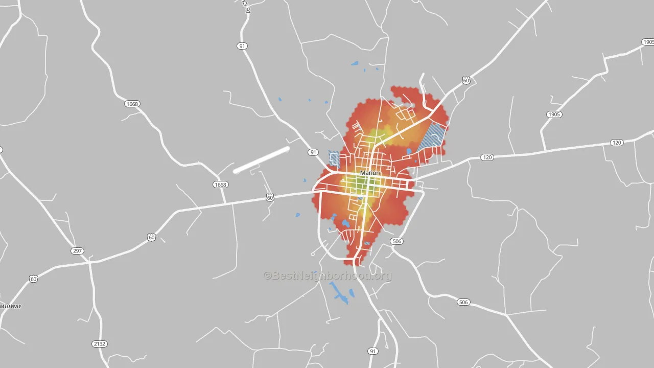 Walk Grade map of Crayne, KY, walkable areas in green and car-dependent areas in red
