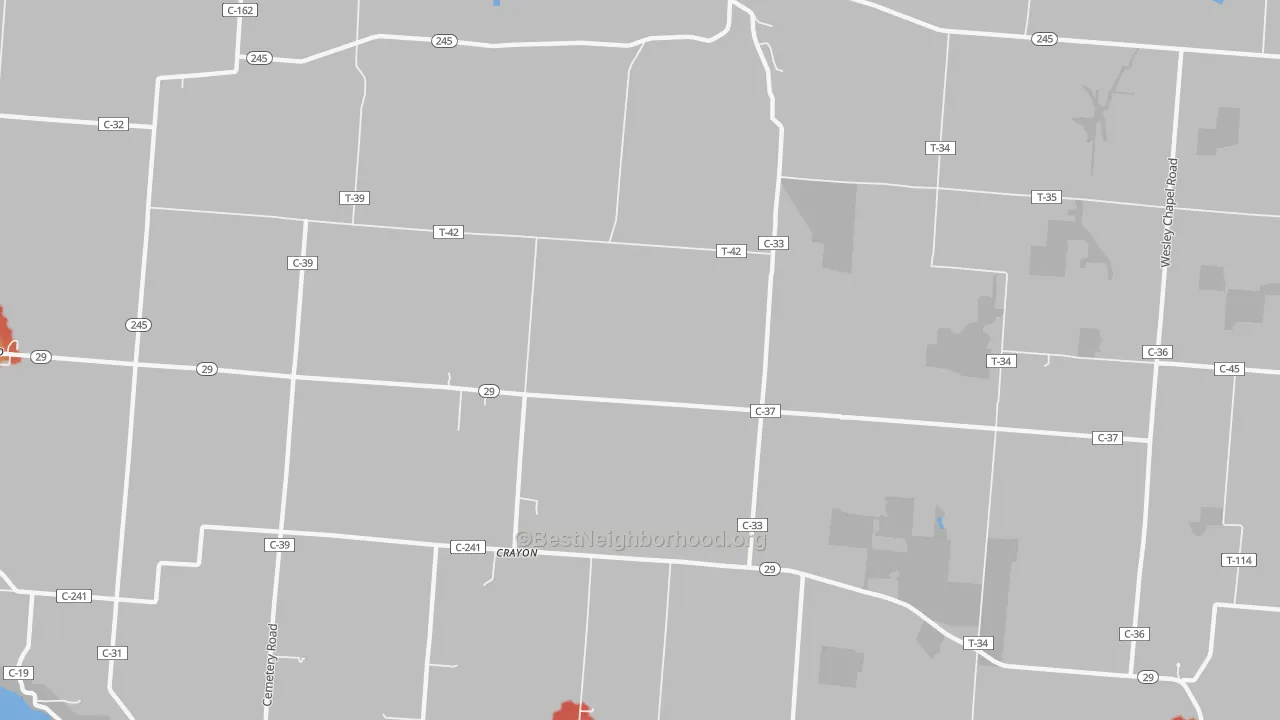 Walk Grade map of Crayon, OH, walkable areas in green and car-dependent areas in red