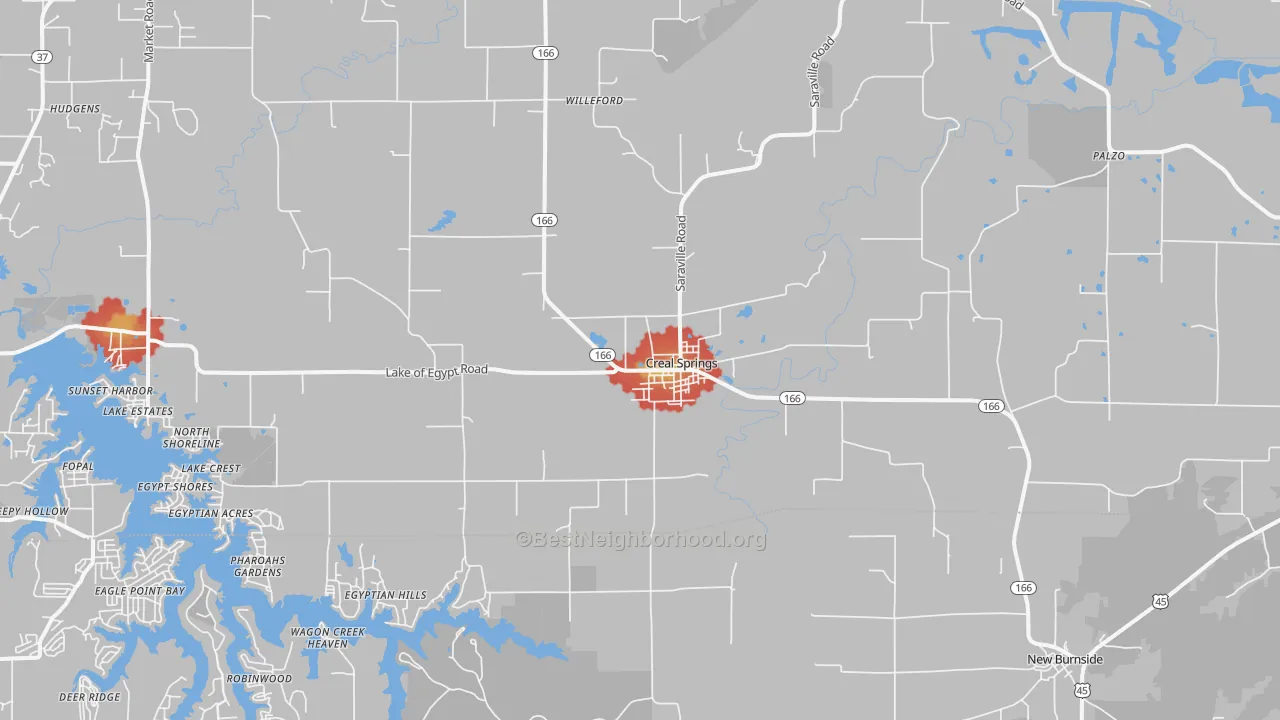 Walk Grade map of Creal Springs, IL, walkable areas in green and car-dependent areas in red