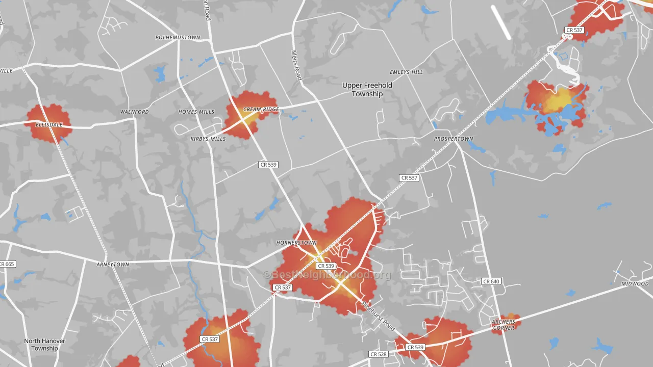 Walk Grade map of Cream Ridge, NJ, walkable areas in green and car-dependent areas in red