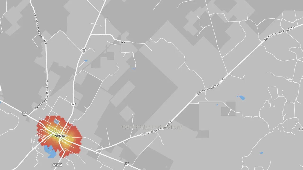 Walk Grade map of Crecy, TX, walkable areas in green and car-dependent areas in red