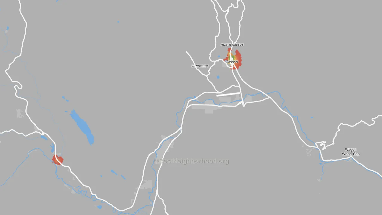 Walk Grade map of Creede, CO, walkable areas in green and car-dependent areas in red