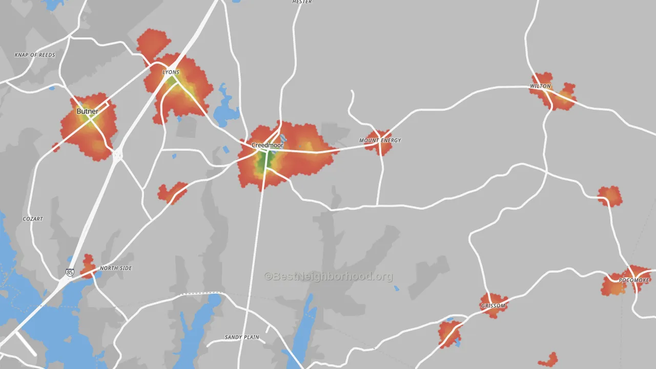 Walk Grade map of Creedmoor, NC, walkable areas in green and car-dependent areas in red