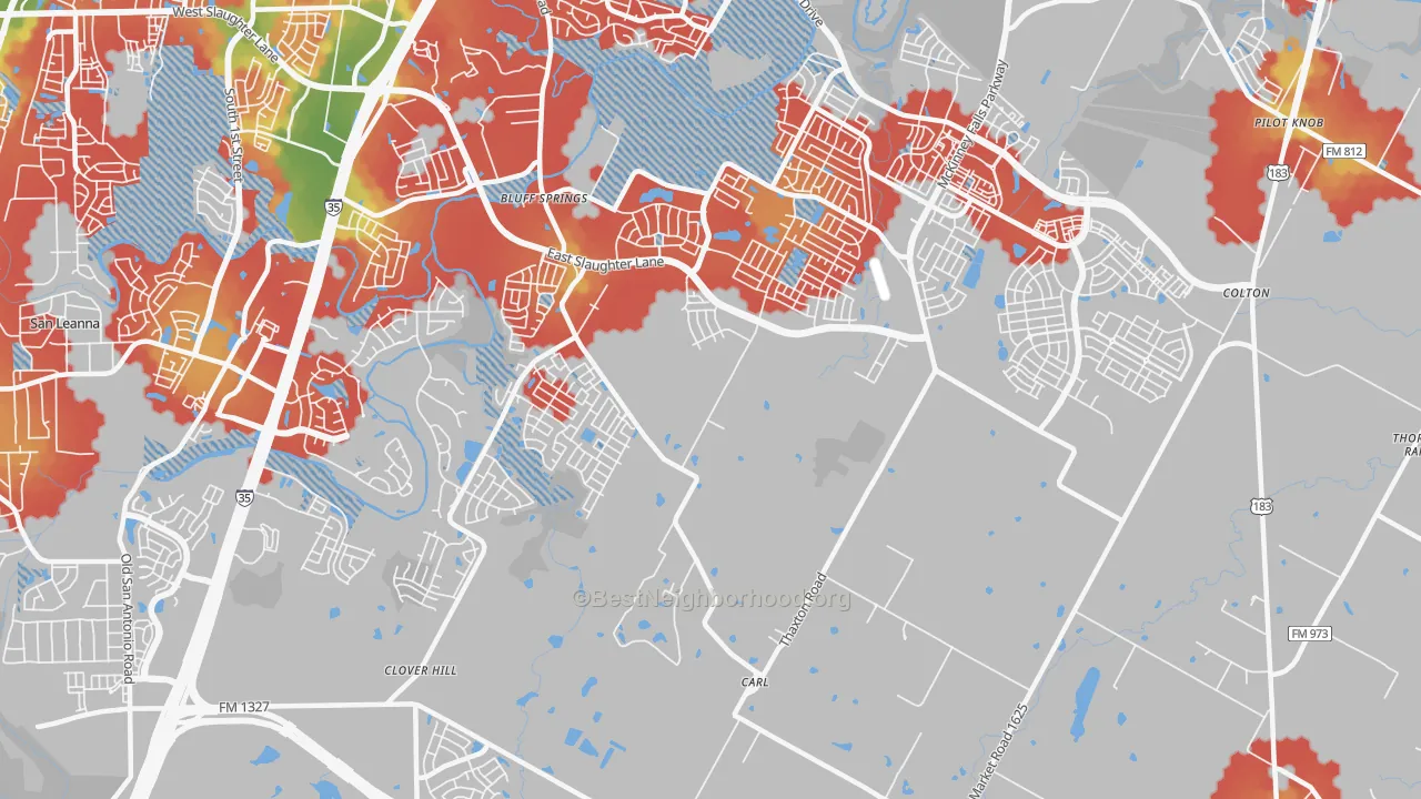 Walk Grade map of Creedmoor, TX, walkable areas in green and car-dependent areas in red